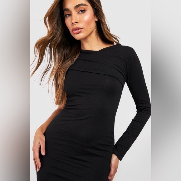 Boohoo Black Long Sleeve Bodycon Midi Dress Sz 4/ Small | Chic Minimalist Look - Picture 5 of 11